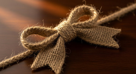 A close-up of a rustic jute twine bow tied on a dark wooden surface with soft light.の素材