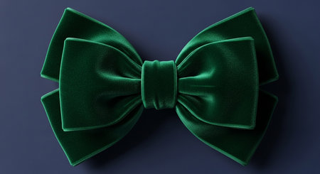 A luxurious emerald green velvet bow with a soft texture and deep color is shown against a dark background.の素材