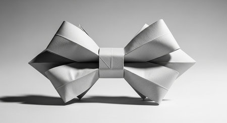 A monochrome origami bow tie with precise geometric folds casting distinct shadows on a white surface.の素材