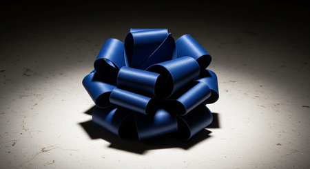 A single dark blue satin ribbon bow sits on a textured stone surface with dramatic lighting.の素材