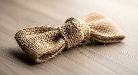 A burlap bow tied in a bowtie shape rests on a wooden surface with a blurred background.の素材