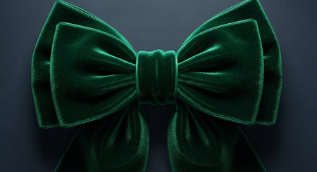 A deep green velvet bow with a soft, plush texture is shown against a dark background.の素材