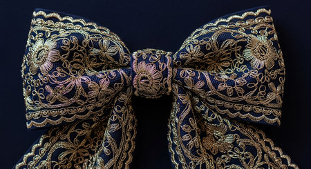 An ornate navy blue bow tie with intricate gold embroidery and floral patterns. Clear details and vibrant colo...の素材