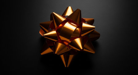 A shiny orange metallic starburst gift bow with pointed tips on a dark background.の素材