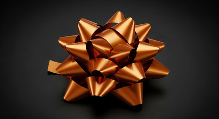 A shiny copper starburst gift bow is presented on a dark gray background in a studio setting.の素材