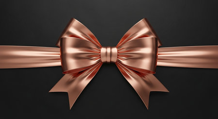 A rose gold metallic ribbon tied into a bow, centered on a dark black background with dramatic lighting.の素材