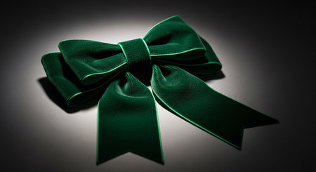 An emerald green velvet bow with satin trim is positioned on a dark surface with focused lighting.の素材