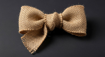 A burlap bow tie with frayed edges and a tied knot is shown against a dark gray background.の素材