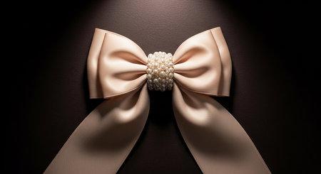 An elegant champagne satin bow is beautifully adorned with a cluster of pearls in the center on a dark...の素材