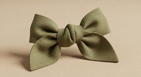 A textured olive green fabric bow with a central knot sits on a soft beige surface.の素材
