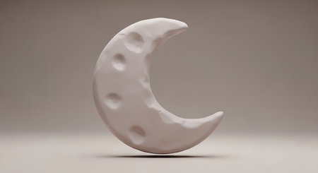 Dimpled showing a smooth, pale ivory crescent moon with dimpled craters casting a soft shadow on a neutral gradient background, a 3d render.の素材