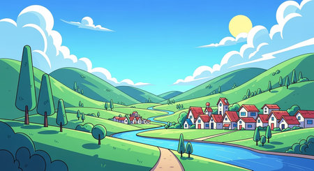 A cheerful cartoon landscape featuring rolling green hills, a winding blue river, and a quaint village under a bright, sunny sky.の素材