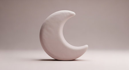 Rendered showing pale pink 3d rendered crescent moon shape resting on a light neutral surface in a studio setting. resolutionの素材