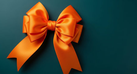A vibrant orange satin ribbon bow is positioned against a deep teal background. Clear details and vibrant colo...の素材