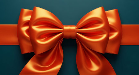 A close-up studio shot of a vibrant orange satin ribbon tied into a bow on a deep teal background.の素材