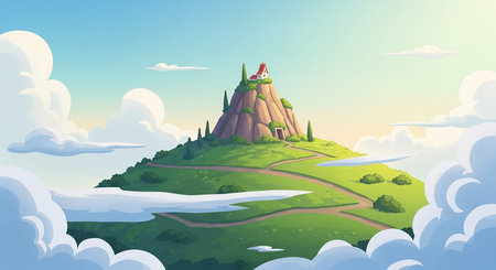 Paths showing fantasy mountain peak with a house and winding paths surrounded by clouds. resolution use.の素材