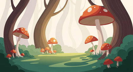 A whimsical forest scene featuring large red and white mushrooms, lush green foliage, and stylized trees with a soft, ethereal light filtering through.の素材