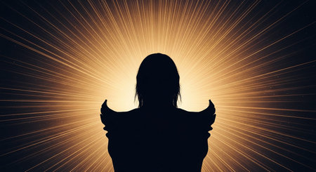 Golden showing silhouette of a person with outstretched arms and wing-like protrusions against a bright golden starburst light effect.の素材