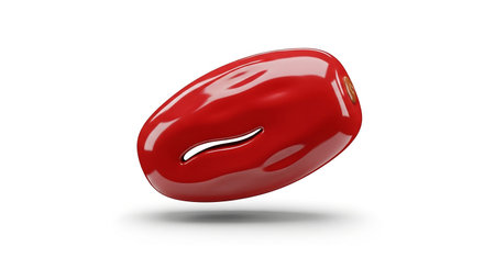 A single, shiny red date fruit with a natural slit and visible stem is isolated on a clean white background with subtle shadow.の素材