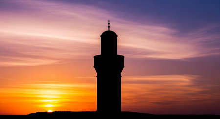 Sunset showing silhouette of a minaret against a vibrant sunset sky with orange and purple hues and wispy clouds. resolutionの素材