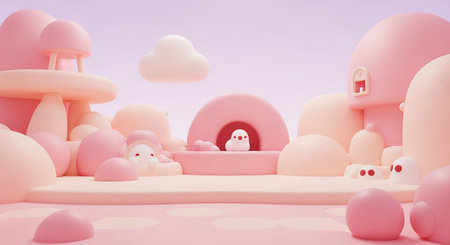 With showing whimsical 3d rendered pastel pink and peach fantasy landscape with cute cartoon characters and mushroom-shaped structures.の素材