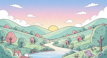 River showing charming cartoon landscape with rolling green hills, a winding river, a sleeping fox, a bird, and stylized trees under a pastel...の素材