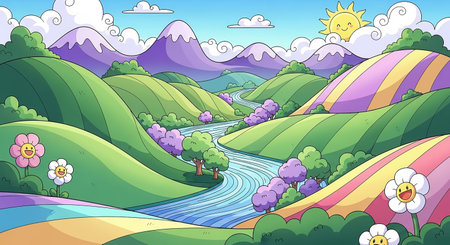 (288) showing vibrant cartoon landscape with rolling hills, winding river, and smiling flowers. resolution use.の素材