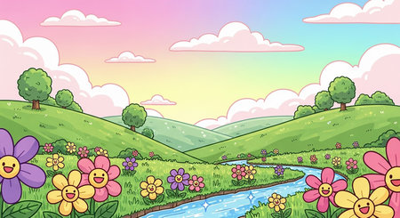 Under showing a whimsical cartoon landscape with rolling green hills, a winding blue river, and cheerful flowers under a pastel sky with fluffy...の素材