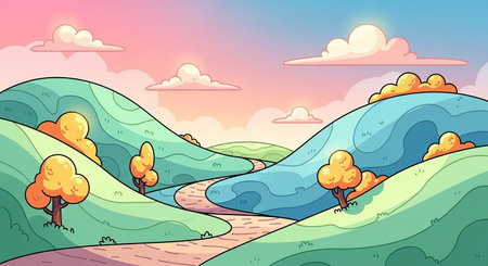 With showing charming rolling hills and trees under a soft sunset sky with fluffy clouds cartoon landscape. resolutionの素材