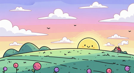 With showing charming cartoon sunrise over rolling green hills with a smiling sun and a small house. resolution use.の素材