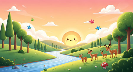 With showing cartoon sunrise landscape with deer, river, trees, and mushroom. resolution use.の素材