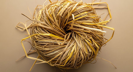 Earthy showing overhead view of a tightly bound ball of dry straw keywords: straw, ball, bundle, hay, dry,...の素材