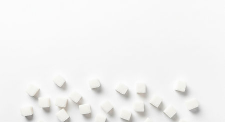 Top view of scattered white sugar cubes arranged sparsely on a clean white background with ample negative space.の素材