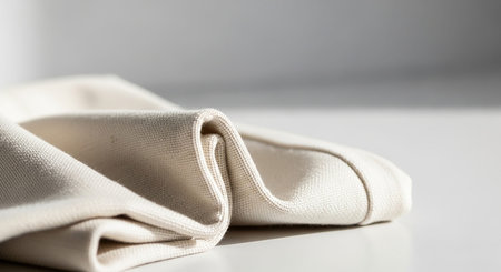 Close up of folded beige fabric with soft light creating shadows and highlighting textureの素材