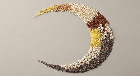 A crescent moon shape is artfully arranged using a variety of colorful seeds and grains against a neutral...の素材