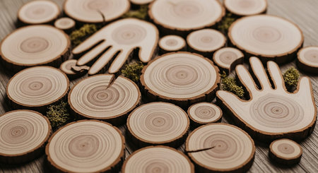 Round wood slices and hand shapes are arranged with green moss on a wooden surface.の素材