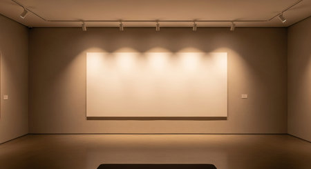 A dimly lit gallery interior with warm spotlights focused on a large blank canvas mounted on a beige wall.の素材