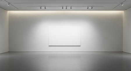 Floor showing minimalist gallery with single white canvas under spotlight and concrete floor. resolution use.の素材