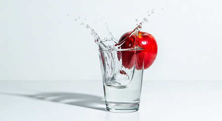 A red apple splashes into clear water creating a dynamic splash in a glass. Clear details and vibrant colors e...の素材