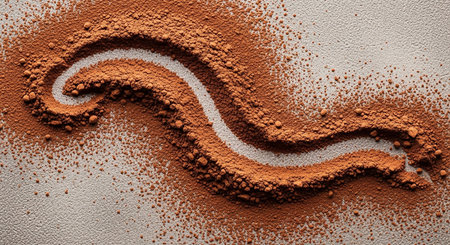 A curved swirl of cocoa powder scattered on a textured gray surface, seen up close.の素材