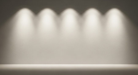 An empty stage with a textured wall illuminated by six bright spotlights casting light downwards.の素材