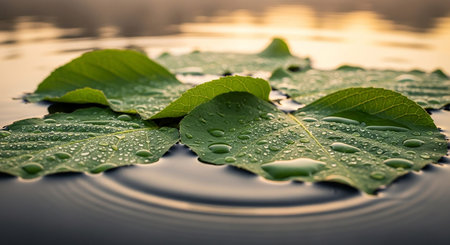 Green leaves with water droplets float on a dark water surface with reflections. Clear details and vibrant col...の素材