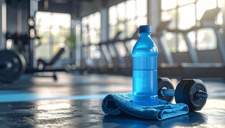 A blue water bottle and dumbbell rest on a folded towel in a gym with blurred equipment in the background.の素材