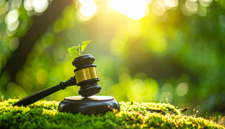 A wooden gavel lies on mossy ground with a seedling, illuminated by sunlight filtering through a forest.の素材
