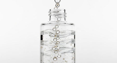 showing clear glass bottle with a dropper cap, filled with transparent liquid and small bubbles, with a single drop falling into the bottle....の素材