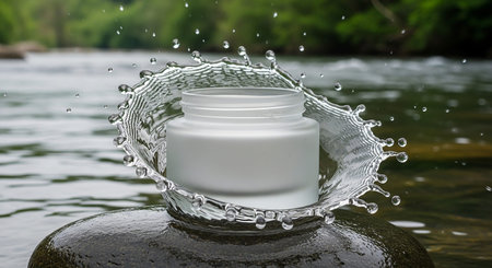 A frosted glass jar of white cream is centered on a dark, wet stone with a dynamic water splash surrounding it in a natural river environment.の素材