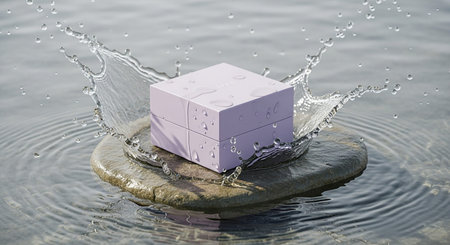 Around showing a small light purple square gift box sits on a stone in the middle of water with a large splash of water erupting around it.の素材