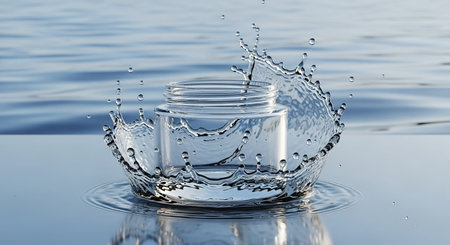 Around showing clear glass jar with a water splash erupting around it, set against a reflective blue water surface with subtle ripples.の素材