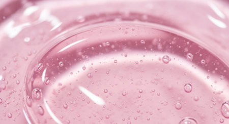 A close-up macro view of a pink viscous gel filled with tiny air bubbles, showcasing a smooth, swirling texture and a translucent, glossy appearance.の素材