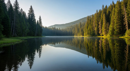 A calm lake perfectly mirrors a dense evergreen forest and distant mountains under a clear blue sky, suggesting a peaceful early morning in nature.の素材